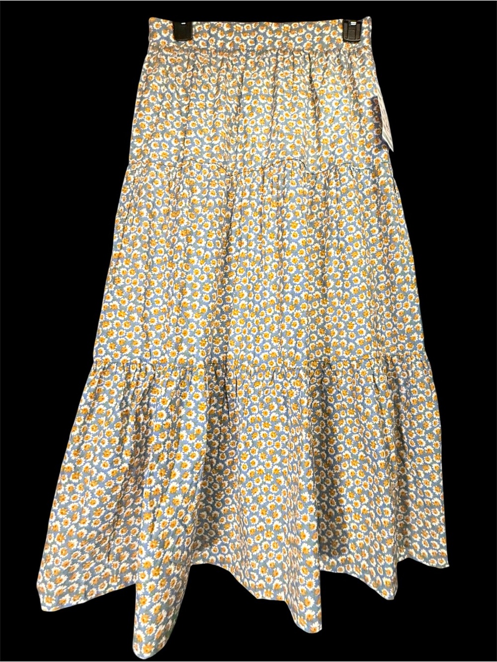 Tulip B Floral Tiered Maxi Skirt Blue Yellow Daisy Print NWT